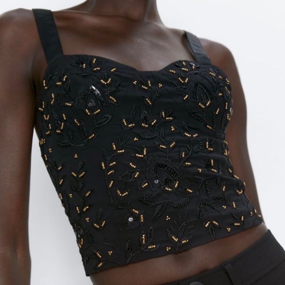 ZARA black beaded & sequins embellished cropped cami top women's size small - Picture 3 of 8